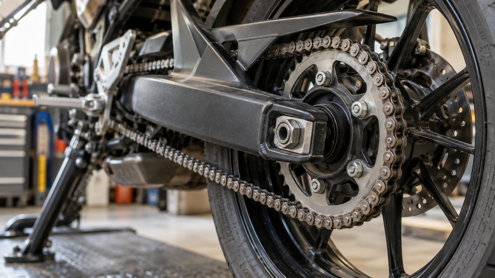 Chaîne de transmission autour de la couronne arrière d’une moto